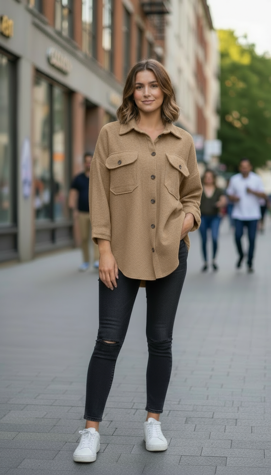 KAŞE OVERSİZE ÖNÜ CEPLİ GÖMLEK