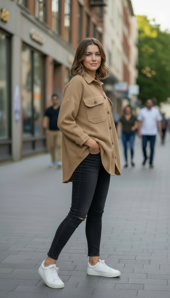 KAŞE OVERSİZE ÖNÜ CEPLİ GÖMLEK