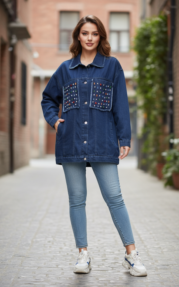 RENKLİ BONCUKLU KOT CEKET