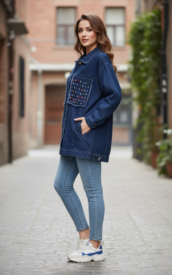 RENKLİ BONCUKLU KOT CEKET