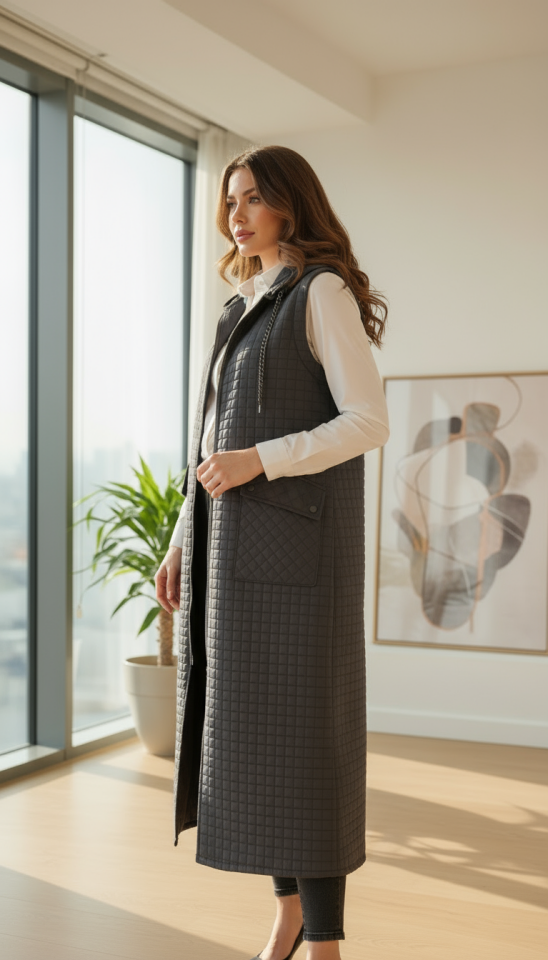 KAPİTONE KAPŞONLU CEPLİ UZUN YELEK