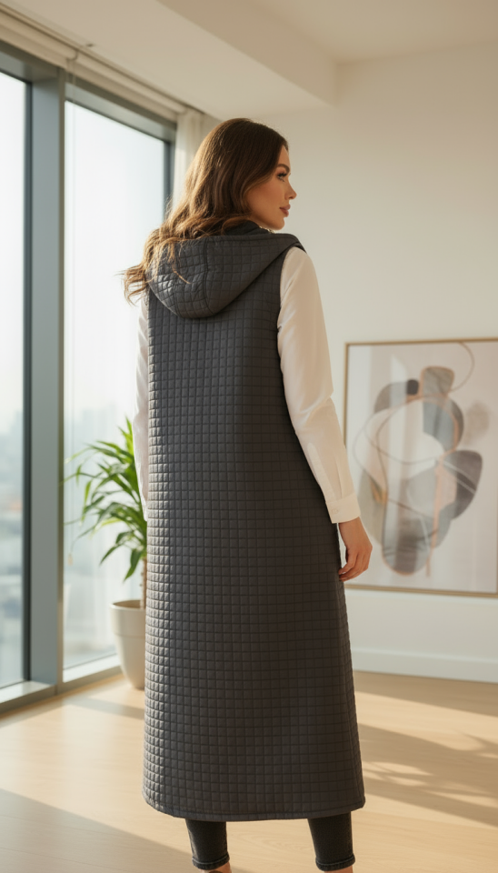 KAPİTONE KAPŞONLU CEPLİ UZUN YELEK