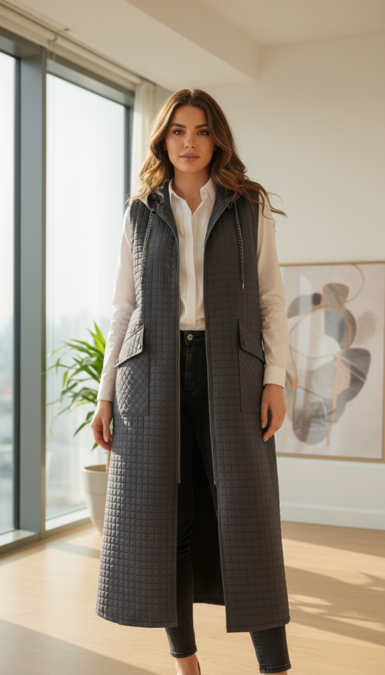 KAPİTONE KAPŞONLU CEPLİ UZUN YELEK