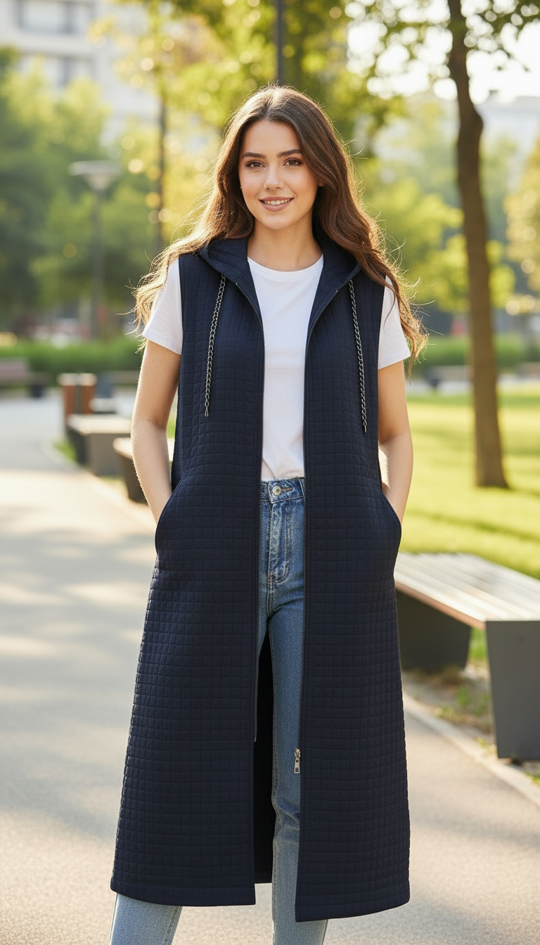 KAPİTONE KAPŞONLU CEPLİ UZUN YELEK