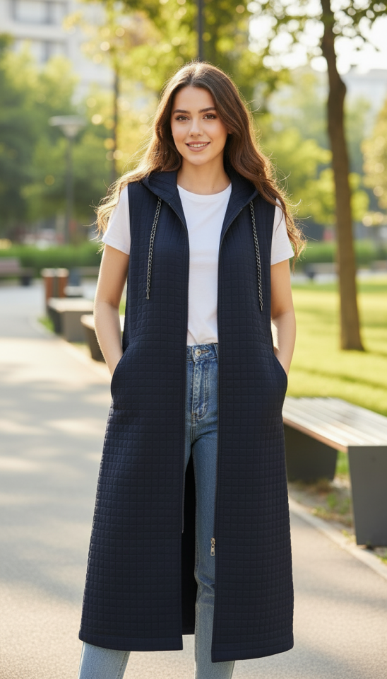 KAPİTONE KAPŞONLU CEPLİ UZUN YELEK