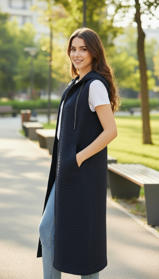 KAPİTONE KAPŞONLU CEPLİ UZUN YELEK