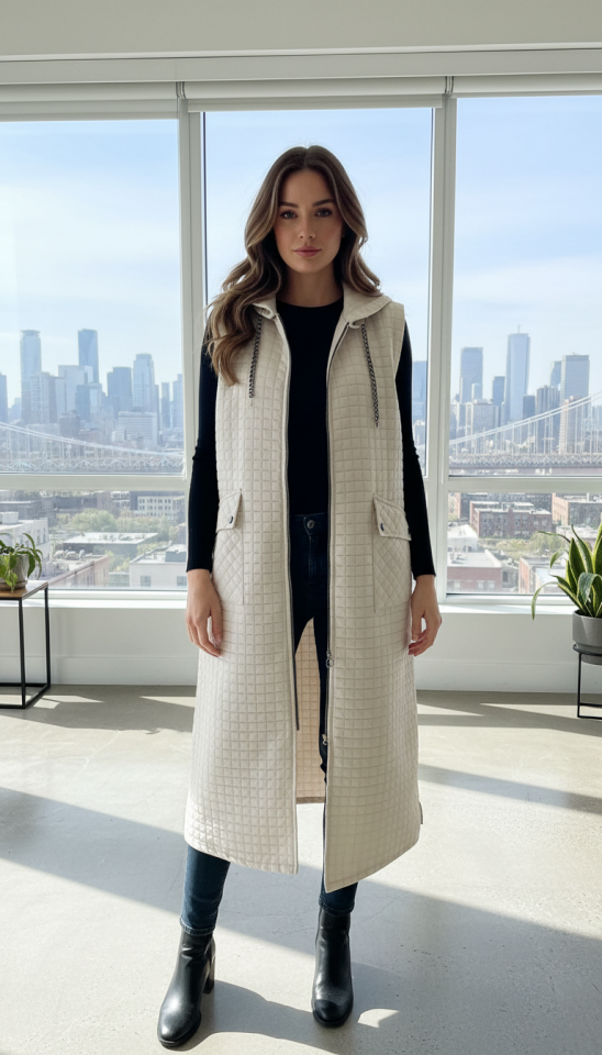 KAPİTONE KAPŞONLU CEPLİ UZUN YELEK