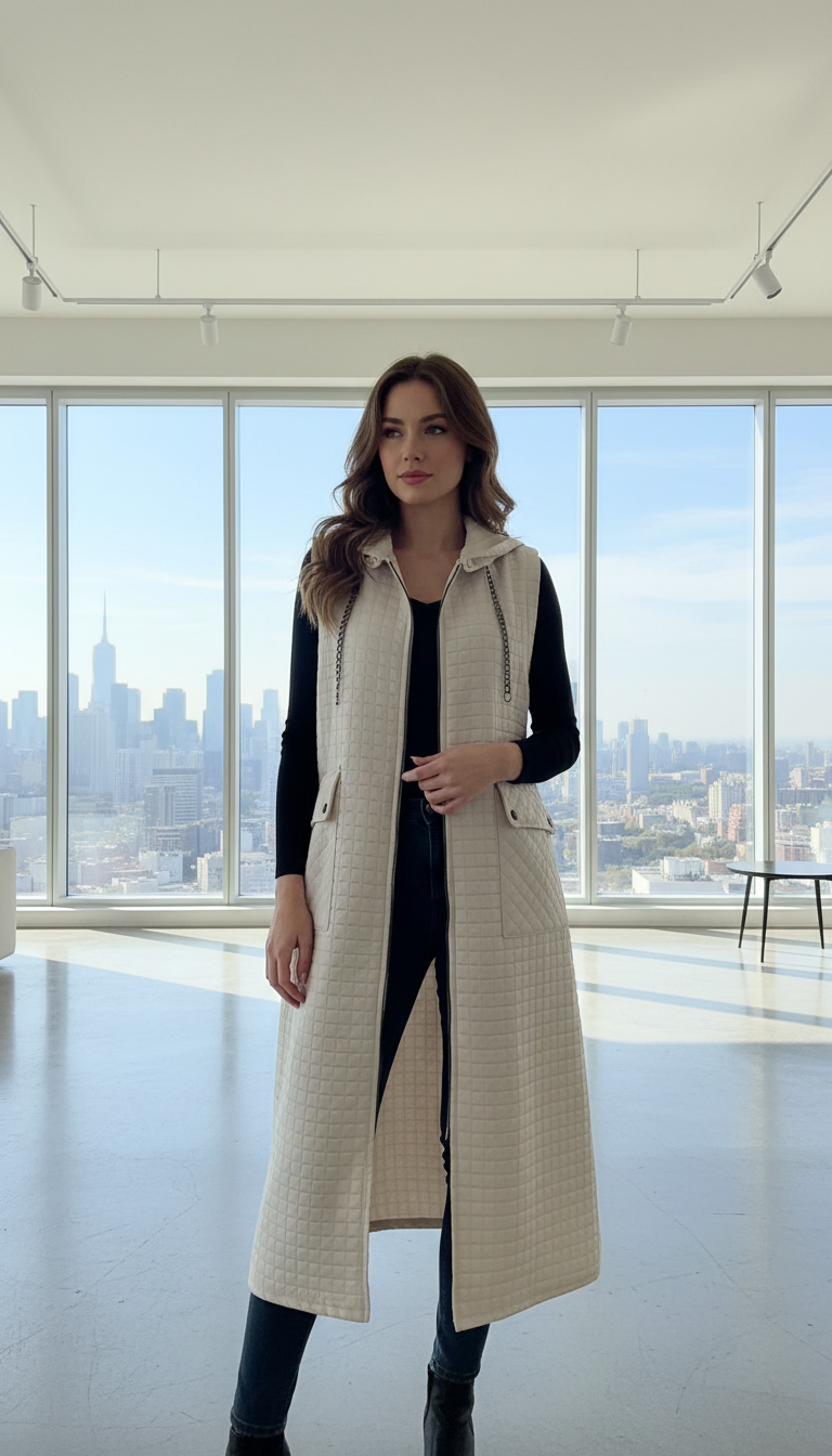 KAPİTONE KAPŞONLU CEPLİ UZUN YELEK