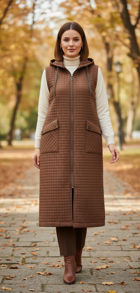 KAPİTONE KAPŞONLU CEPLİ UZUN YELEK