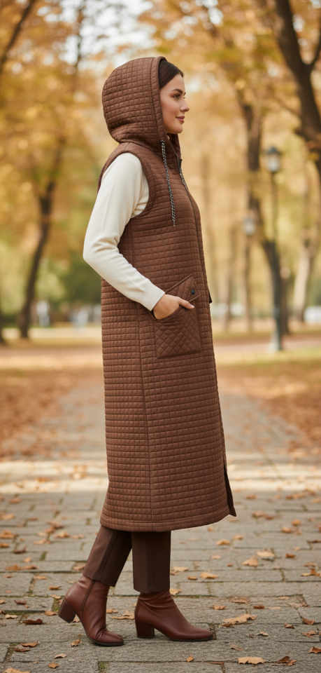 KAPİTONE KAPŞONLU CEPLİ UZUN YELEK