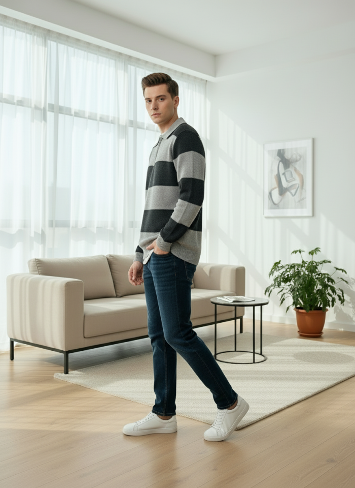 ÇİZGİLİ YARIM FERMUARLI KAZAK