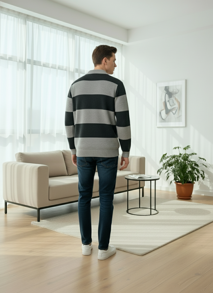 ÇİZGİLİ YARIM FERMUARLI KAZAK