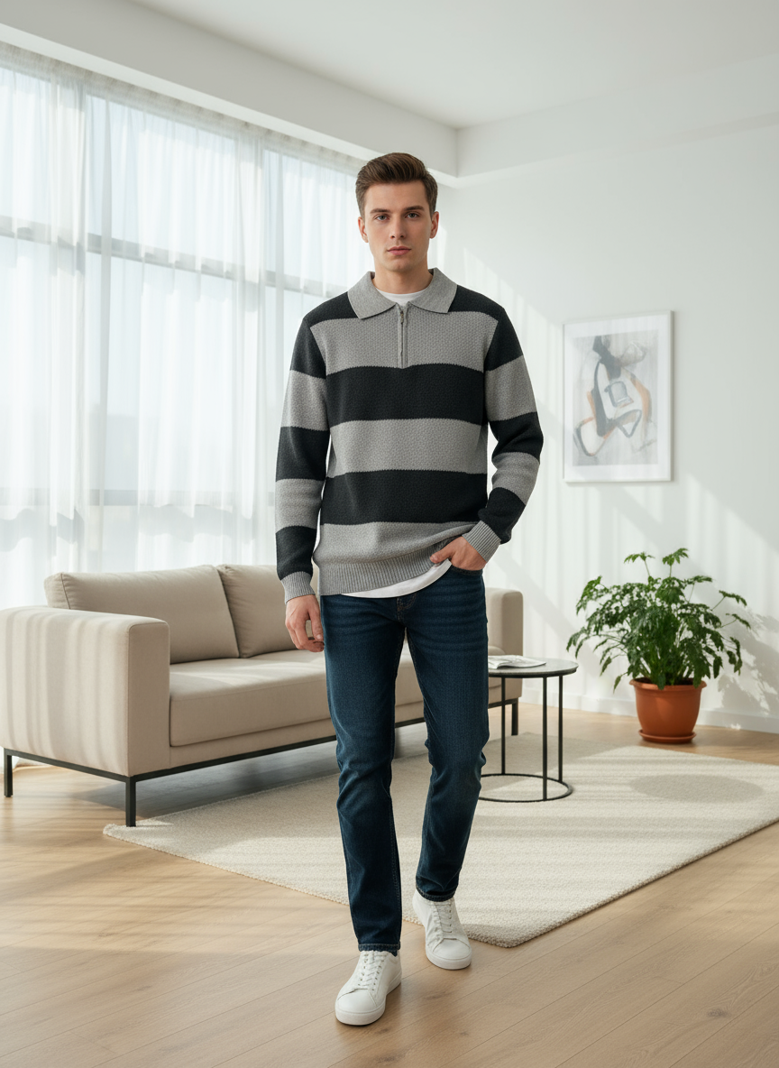 ÇİZGİLİ YARIM FERMUARLI KAZAK