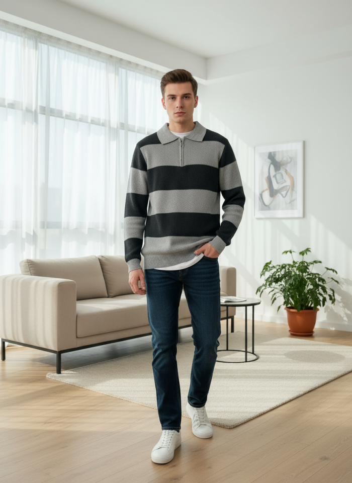 ÇİZGİLİ YARIM FERMUARLI KAZAK