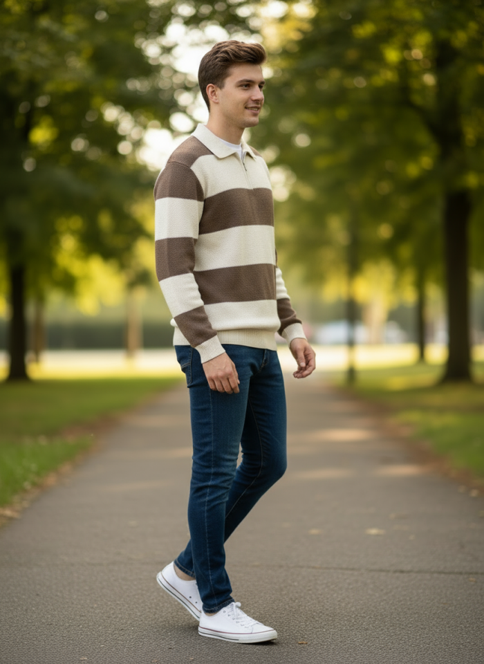 ÇİZGİLİ YARIM FERMUARLI KAZAK