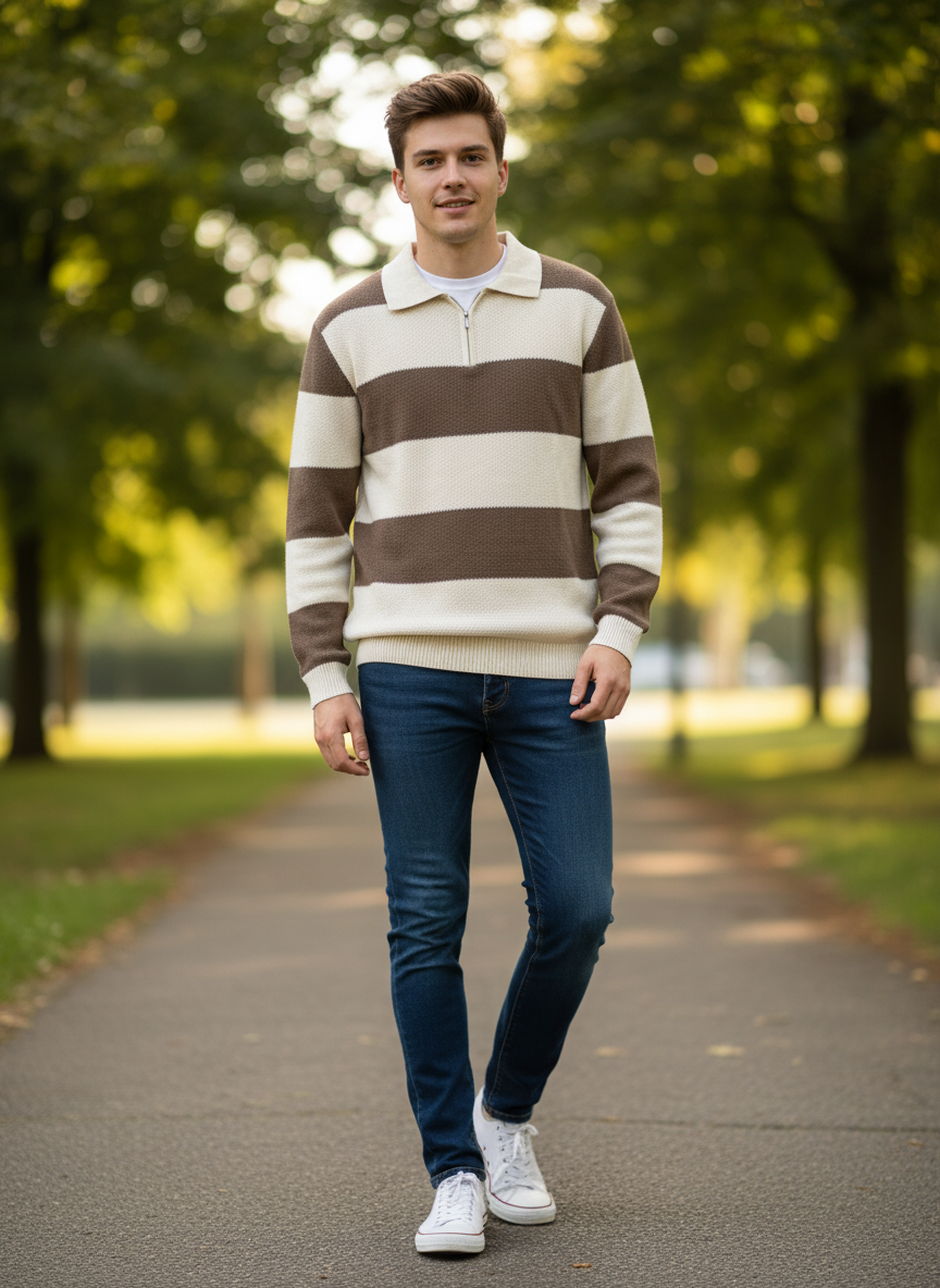 ÇİZGİLİ YARIM FERMUARLI KAZAK