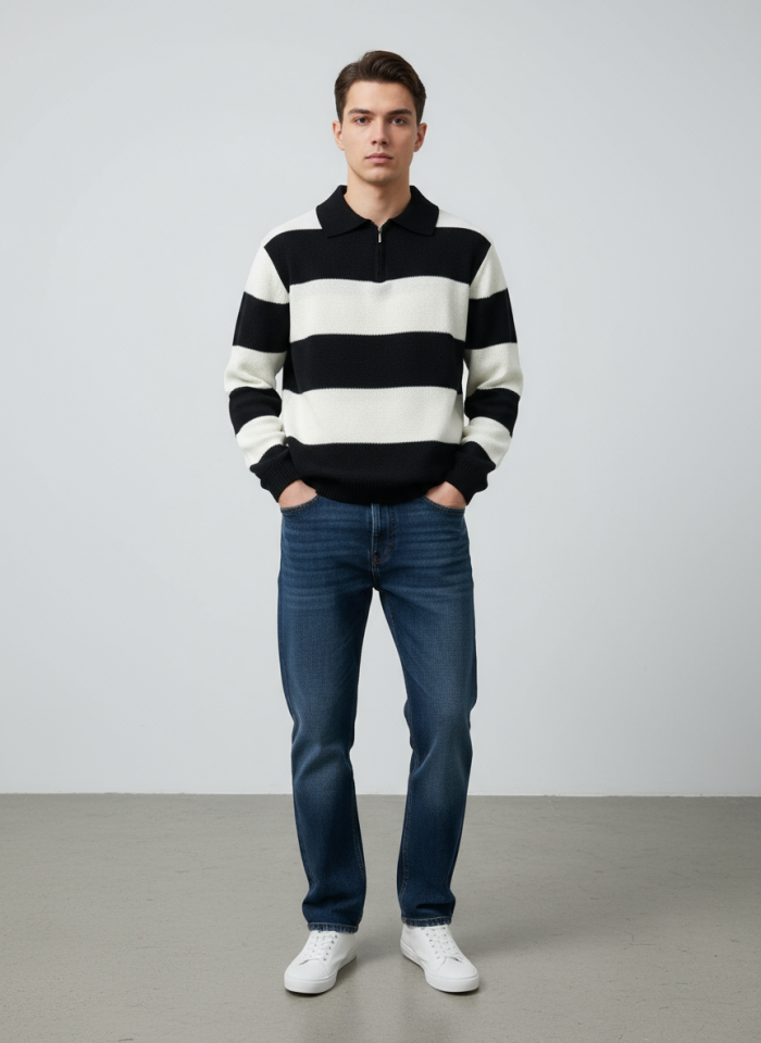 ÇİZGİLİ YARIM FERMUARLI KAZAK