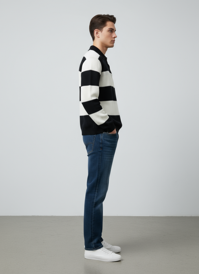 ÇİZGİLİ YARIM FERMUARLI KAZAK